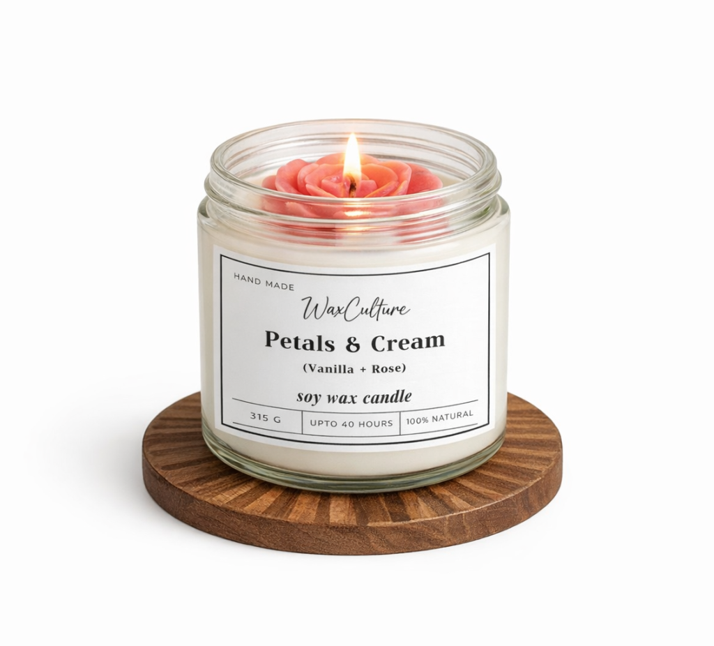 Premium organic soy wax aroma candle with vanilla and rose fragrance handmade