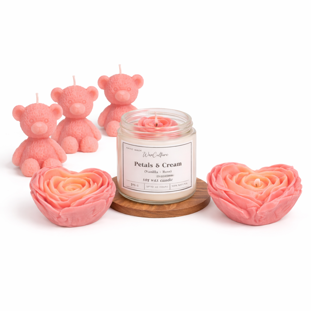 Luxury teddy bear candle set with decorative teddy bear and rose heart candles
