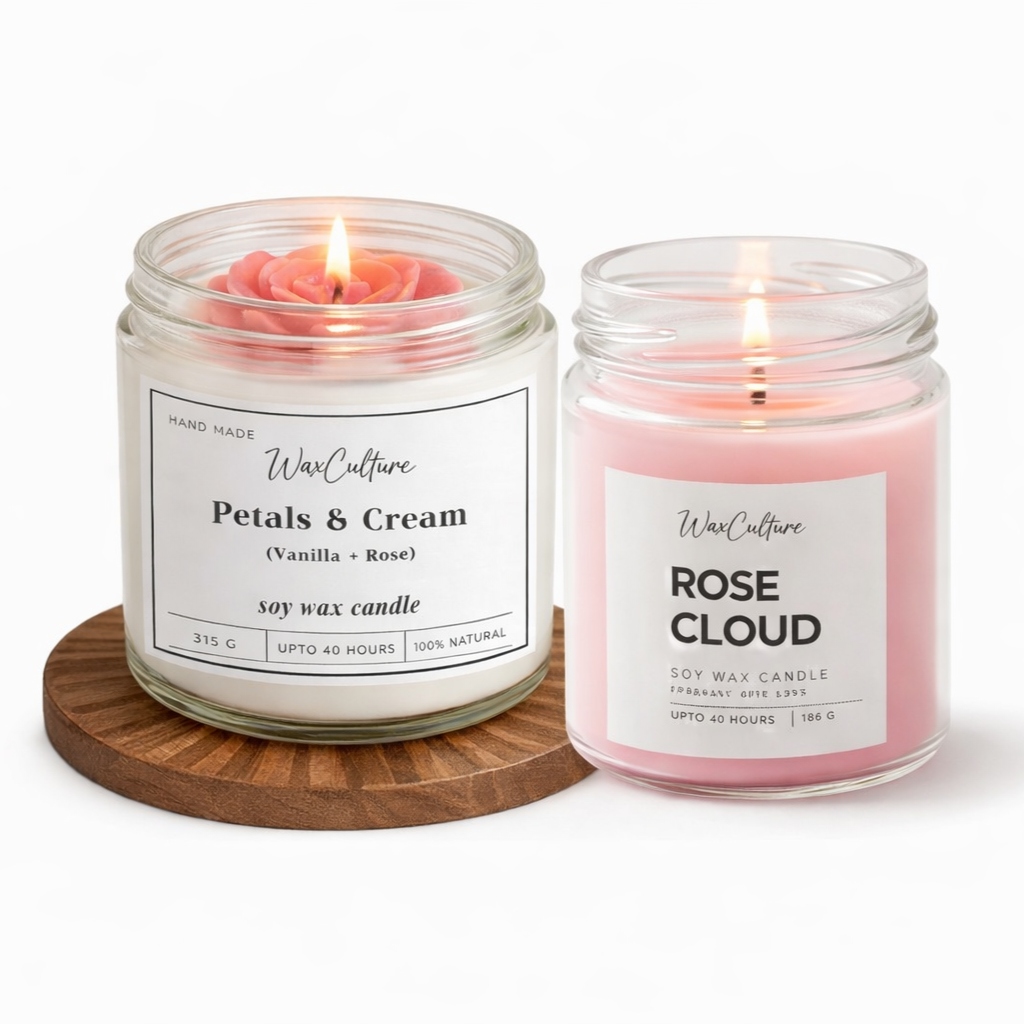 Best handmade soy candles online India - WaxCulture rose and vanilla candle duo set with 40 hours burn time